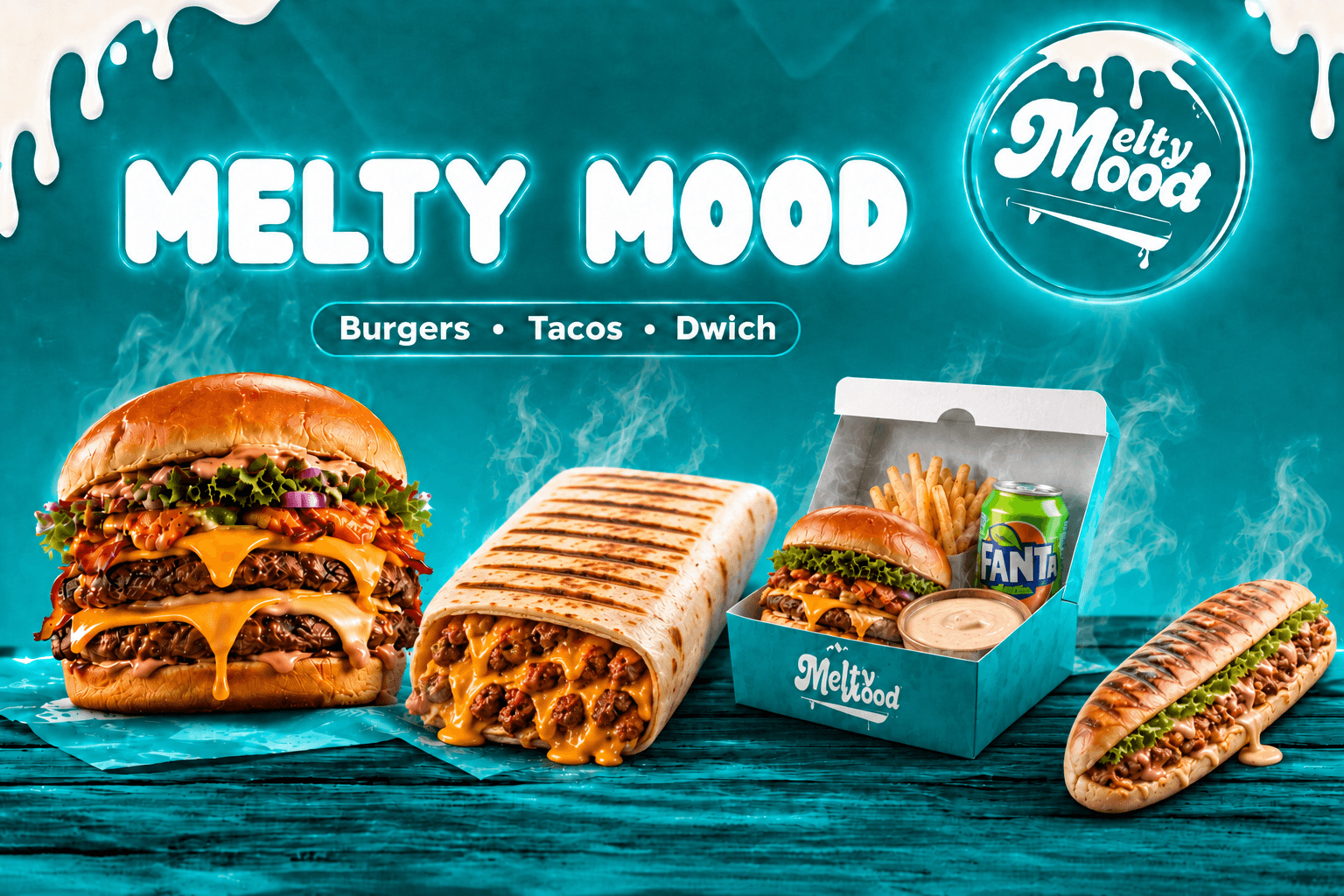 Affiche Melty Mood : smash burger, tacos, menu avec frites et boisson, dwich